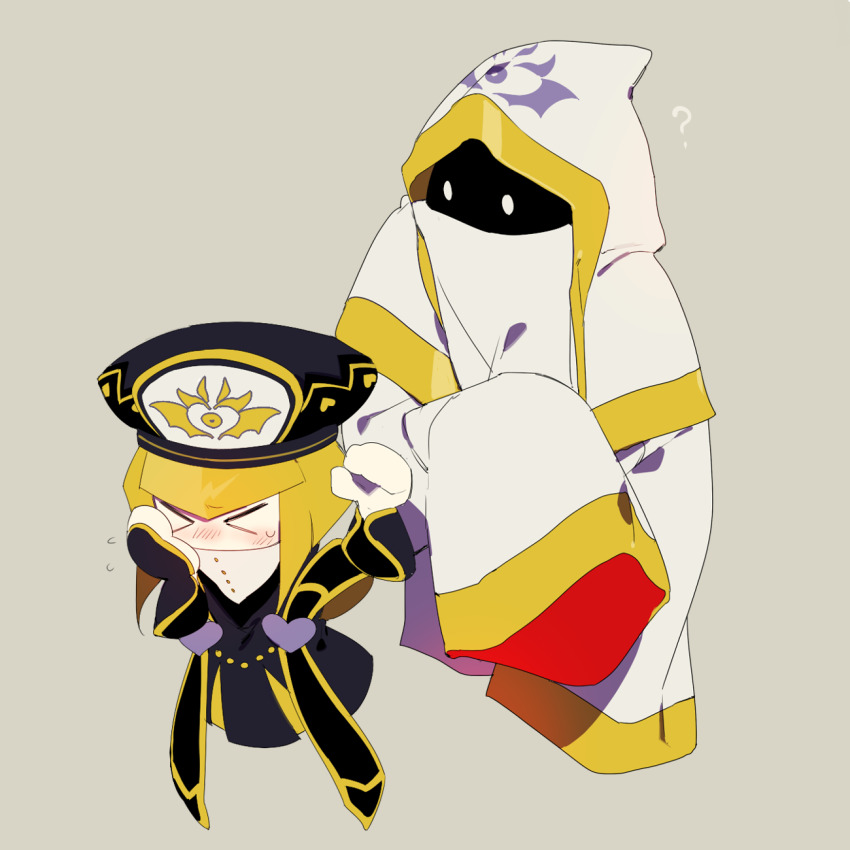 &gt;_&lt; 1boy 1girl ? beret black_bridal_gauntlets black_hat black_robe blonde_hair blunt_bangs blunt_ends blush bob_cut bridal_gauntlets covered_mouth detached_hood embarrassed flying_sweatdrops full_body grey_background hand_on_own_face hat heart heart_print higa423 highres hood hood_up hyness kirby_(series) long_sleeves looking_at_another mouth_veil nintendo rayman_limbs robe short_hair simple_background sleeves_past_fingers sleeves_past_wrists solid_circle_eyes stole veil white_eyes white_hood white_robe white_veil yellow_trim zan_partizanne