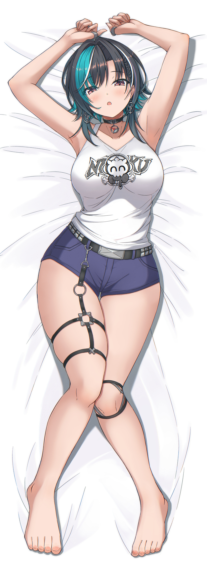 1girl absurdres arms_up barefoot black_choker black_hair blue_shorts breasts choker earrings feet green_hair highres hololive hololive_dev_is jewelry large_breasts looking_at_viewer lying mole mole_on_neck multicolored_hair multiple_rings o-ring o-ring_thigh_strap on_back open_mouth red_eyes rindo_chihaya ring sakura_yuu short_hair short_shorts shorts solo streaked_hair thigh_strap virtual_youtuber white_hair
