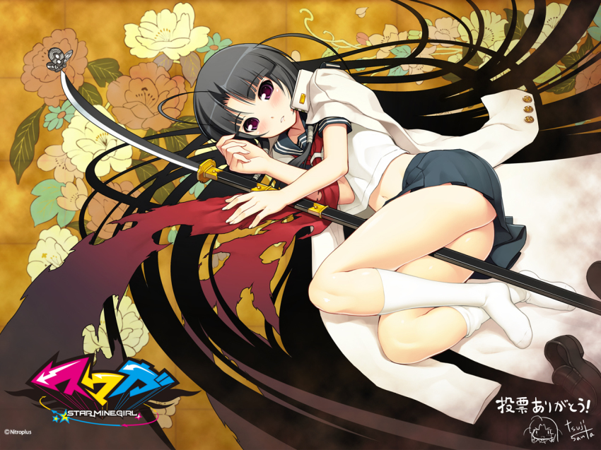 ahoge antenna_hair black_hair blush bug butterfly chibi chibi_inset copyright_name flower insect jacket kneehighs long_hair naginata nitroplus official_art official_wallpaper oki_kiki polearm purple_eyes school_uniform socks solo sumaga thighs tsuji_santa very_long_hair weapon white_socks