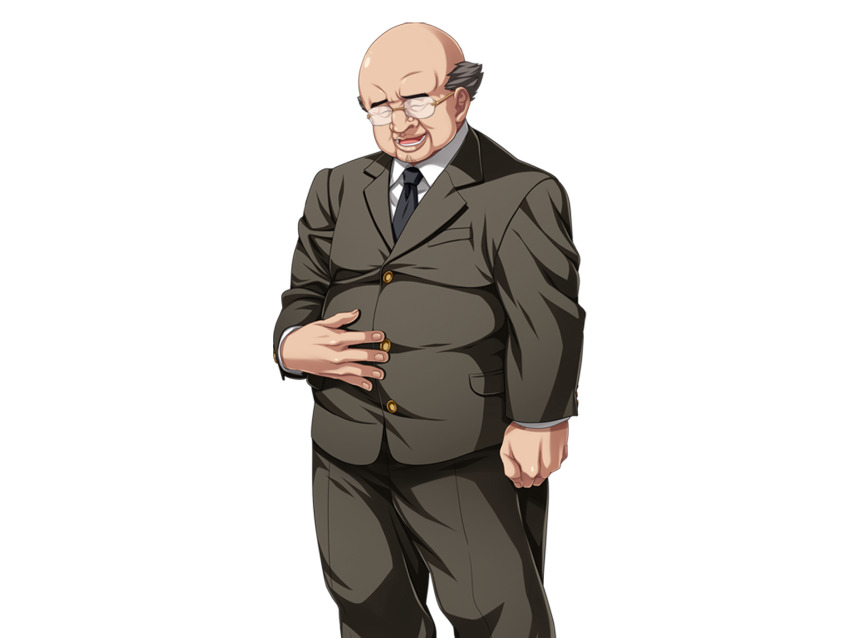 1boy arm_at_side asaoka_genzo balding big_nose black_necktie buttons closed_eyes collared_shirt dress_pants fat fat_man feet_out_of_frame glasses grey_jacket grey_pants hand_on_own_stomach jacket kedamono-tachi_no_sumu_ie_de lapels light_smile looking_at_viewer necktie open_mouth pants shirt simple_background smile standing suit_jacket takeda_hiromitsu thick_eyebrows thick_lips tongue ugly_bastard wart white_shirt