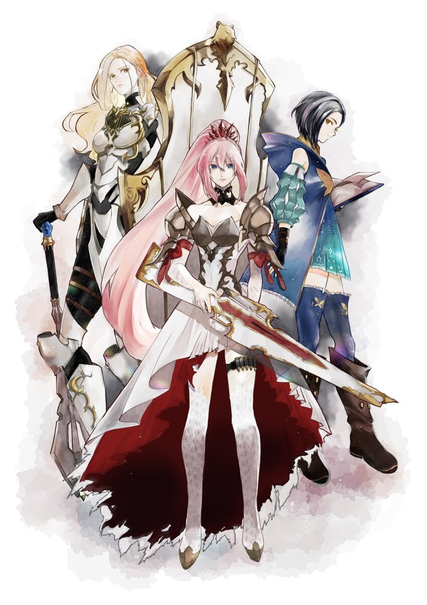 3girls armor black_hair blonde_hair blue_hood blue_thighhighs boobplate book boots breastplate brown_footwear commentary_request crown detached_sleeves dress gold_trim gun high_ponytail highres holding holding_book holding_gun holding_shield holding_weapon kisara_(tales) layered_dress long_dress long_hair minami_uniikura multiple_girls open_book pink_hair ponytail red_dress rifle rinwell_(tales) shield shionne_(tales) tales_of_(series) tales_of_arise thigh_boots thighhighs weapon white_background white_dress white_footwear