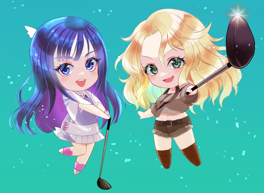 2girls amawashi_aoi belt birdie_wing:_golf_girls&#039;_story blonde_hair blue_background blue_eyes blue_hair blush chibi eve_(birdie_wing:_golf_girls&#039;_story) golf_club green_eyes hair_between_eyes highres holding holding_golf_club looking_at_viewer midriff multiple_girls navel open_mouth setsuna_rio shorts simple_background smile teeth upper_teeth_only