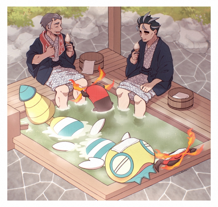 2boys batabiru black_hair bucket bug centipede centiskorch closed_eyes dipping dudunsparce dudunsparce_(two-segment) eating fire food gen_8_pokemon grey_eyebrows grey_hair haori highres ice_cream japanese_clothes kabu_(pokemon) kimono larry_(pokemon) male_focus multiple_boys nintendo old old_man onsen open_mouth pokemon pokemon_(creature) pokemon_sv pokemon_swsh short_hair sitting smile towel towel_around_neck towel_on_head wooden_bucket
