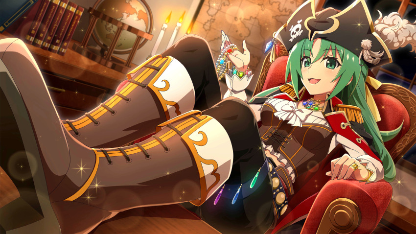 1girl armchair belt black_hat black_pants blurry book boots bow brown_boots candle chair corset depth_of_field dutch_angle epaulettes feathers feet_on_table full_body game_cg globe green_eyes green_hair hair_ribbon hat highres higurashi_no_naku_koro_ni higurashi_no_naku_koro_ni_mei holding holding_jewelry indoors jewelry jolly_roger lens_flare long_hair looking_at_viewer map_(object) necklace non-web_source official_art open_mouth pants pirate pirate_costume pirate_hat ribbon ring sitting sitting_on_throne skull_and_crossbones smile solo sonozaki_shion sparkle white_bow white_feathers wind yellow_ribbon
