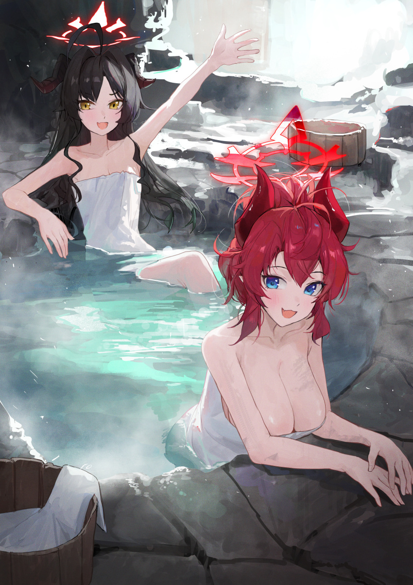 2girls absurdres black_hair blue_archive blue_eyes blush breasts cleavage demon_girl demon_horns highres horns jianjia kasumi_(blue_archive) large_breasts long_hair looking_at_viewer megu_(blue_archive) multiple_girls naked_towel onsen open_mouth ponytail red_hair sidelocks towel very_long_hair yellow_eyes
