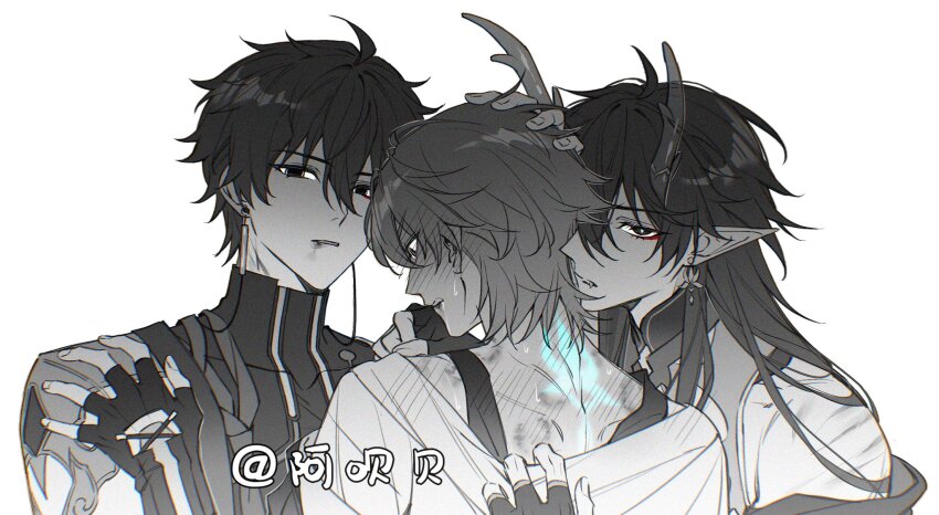 3boys ahoge blush caelus_(honkai:_star_rail) chinese_commentary coat commentary_request dan_heng_(honkai:_star_rail) dan_heng_(hunt)_(honkai:_star_rail) dan_heng_(imbibitor_lunae)_(honkai:_star_rail) dual_persona earrings eastern_dragon_horns fang fingerless_gloves from_behind gaber473159611 gloves greyscale hair_between_eyes hand_on_another&#039;s_head hand_on_another&#039;s_shoulder hand_up hands_up highres honkai:_star_rail honkai_(series) horns jewelry long_hair looking_at_viewer male_focus mandarin_collar monochrome multiple_boys open_clothes open_coat parted_lips pointy_ears shirt short_hair sidelocks simple_background sleeveless sleeveless_shirt spot_color sweat trailblazer_(honkai:_star_rail) turtleneck upper_body white_background yaoi