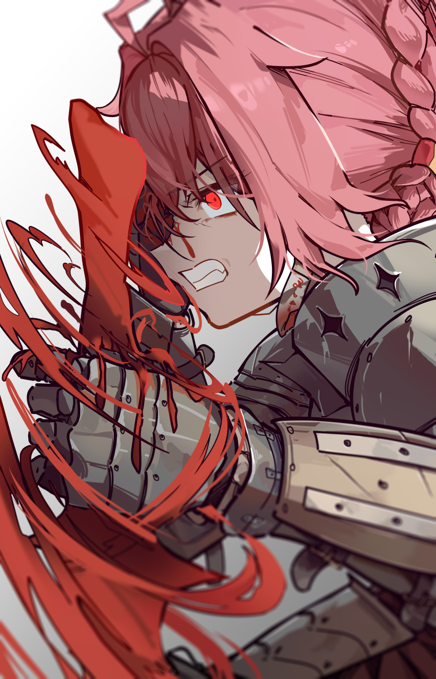1girl absurdres alternate_costume armor blood blood_on_face blood_sword bloody_tears clenched_teeth commentary danjin_(wuthering_waves) english_commentary from_side gauntlets hand_over_eye highres holding holding_sword holding_weapon looking_ahead red_eyes ryeon_(bluetom1) short_hair sideways_mouth solo sword teeth upper_body weapon wuthering_waves