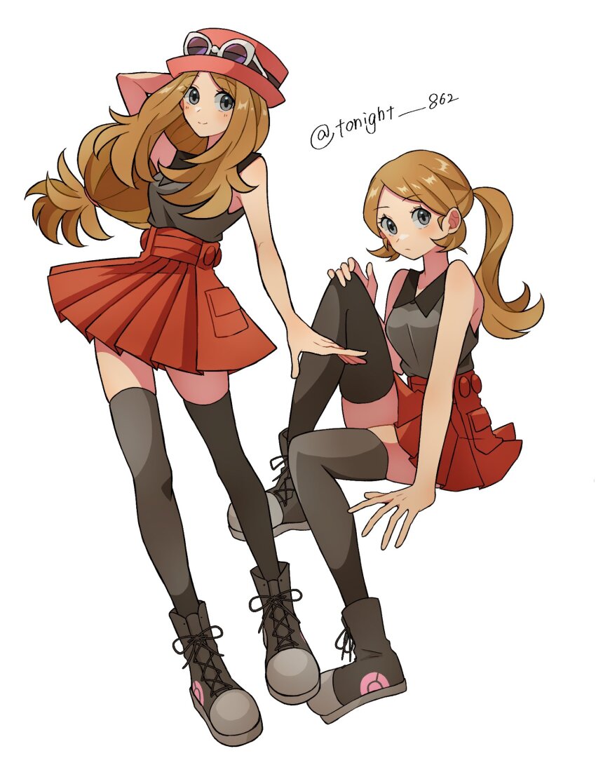 1girl black_thighhighs blonde_hair blue_eyes blush breasts closed_mouth eyelashes eyewear_on_headwear hat highres long_hair looking_at_viewer nintendo pink_hat pokemon pokemon_xy ponytail rain_(tonight_862) red_hat red_skirt serena_(pokemon) shirt skirt sleeveless sleeveless_shirt smile solo sunglasses thighhighs white-framed_eyewear