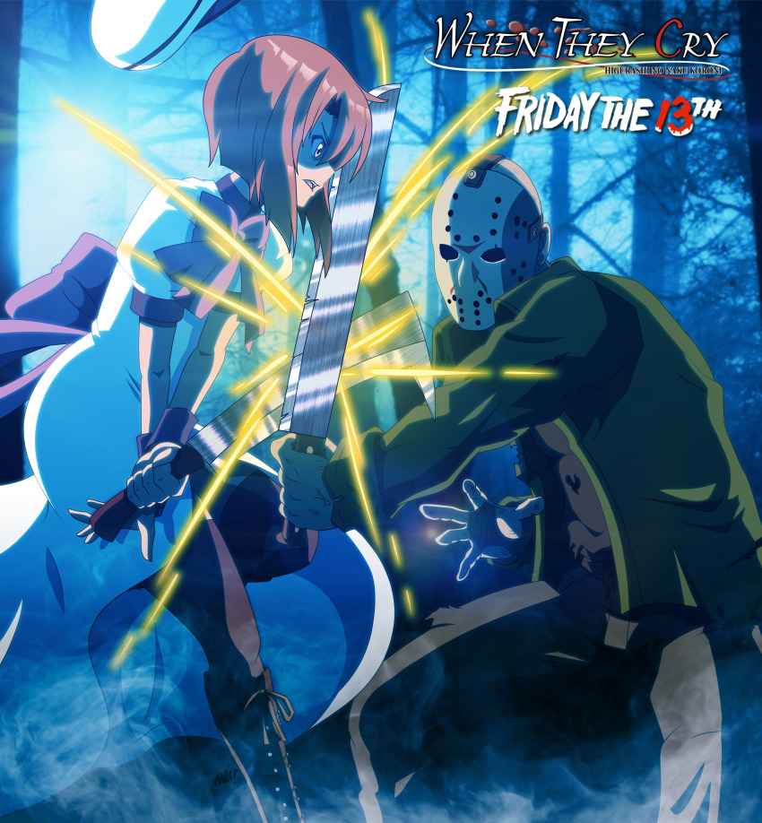 1boy 1girl absurdres battle blue_eyes bow cleaver crazy_eyes crossover desingahv dress fighting friday_the_13th gloves green_jacket hashitsuki_nata hat hatchet highres higurashi_no_naku_koro_ni hockey_mask holding jacket jason_voorhees machete mask nata_(tool) orange_hair ryuuguu_rena shirt siblings skirt twins weapon