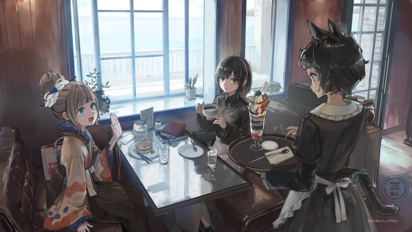3girls animal_ears apron bag black_dress black_eyes black_hair black_hakama black_shirt blue_eyes blue_ribbon book booth_seating brown_eyes brown_hair brown_kimono cafe cat_ears cat_girl cat_tail closed_mouth coffee coffee_mug collared_shirt commentary_request cup day dress dress_shirt drinking_glass flower_pot food frilled_sleeves frills fruit hair_bun hair_ornament hair_stick hakama hakama_skirt hands_up highres holding holding_cup ice_cream id_card indoors japanese_clothes juliet_sleeves kimono lanyard long_sleeves looking_at_another mug multicolored_hair multiple_girls open_mouth original pancake parfait paserin_ekaku plant plate potted_plant puffy_sleeves red_hair ribbon shirt short_hair shoulder_bag single_hair_bun sitting skirt souffle_pancake spoon standing strawberry streaked_hair table tail tail_ornament tail_ribbon twitter_username waist_apron waitress white_apron white_skirt wide_sleeves window