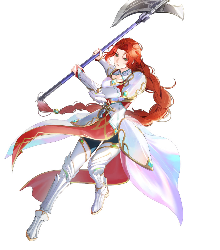armor attack axe braid braided_ponytail breastplate fire_emblem fire_emblem:_path_of_radiance highres holding holding_axe long_hair nintendo non-web_source official_alternate_costume official_art pelvic_curtain red_eyes shoulder_armor solo swinging_weapon titania_(fire_emblem) titania_(resplendent)_(fire_emblem) v-shaped_eyebrows very_long_hair white_armor
