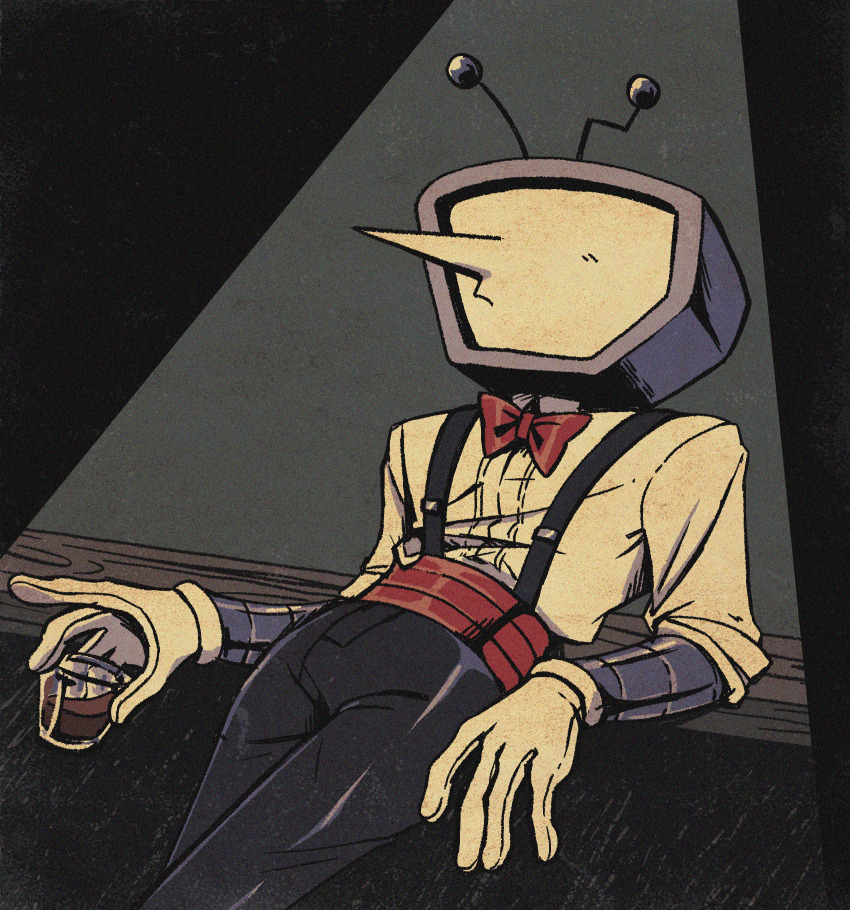 1boy absurdres ant_tenna black_pants bow bowtie commentary corset cowboy_shot crt cup deltarune drinking_glass english_commentary gloves highres holding holding_cup leaning_back male_focus mechanical_arms object_head pants pointy_nose red_bow red_bowtie red_corset shirt shirt_tucked_in solo spotlight starridge suspenders white_gloves white_shirt