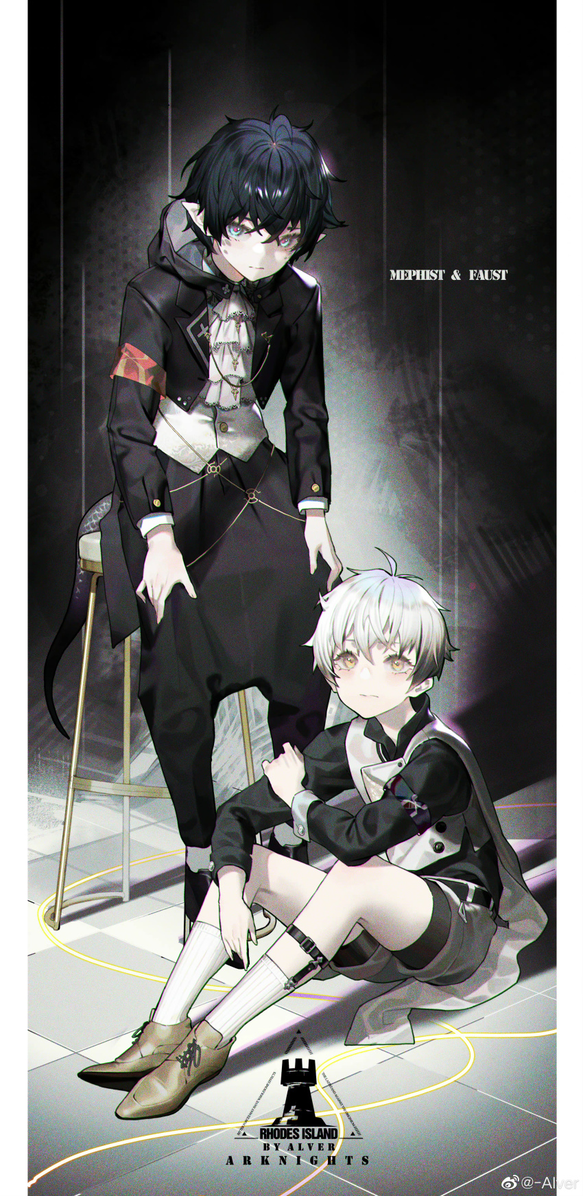 2boys absurdres ahoge alver arknights armband artist_name black_hair black_jacket black_pants black_shirt blue_eyes brown_footwear center_frills character_name closed_mouth commentary_request copyright_name english_text faust_(arknights) film_grain frills full_body hand_on_own_arm hands_on_own_thighs highres hood hooded_jacket jacket leg_belt long_sleeves looking_at_viewer male_focus mephisto_(arknights) multiple_boys on_floor open_clothes open_jacket pants pointy_ears reunion_logo_(arknights) rhodes_island_logo_(arknights) shirt shoes short_hair shorts sitting socks stool tail vest white_hair white_shorts white_socks white_vest yellow_eyes