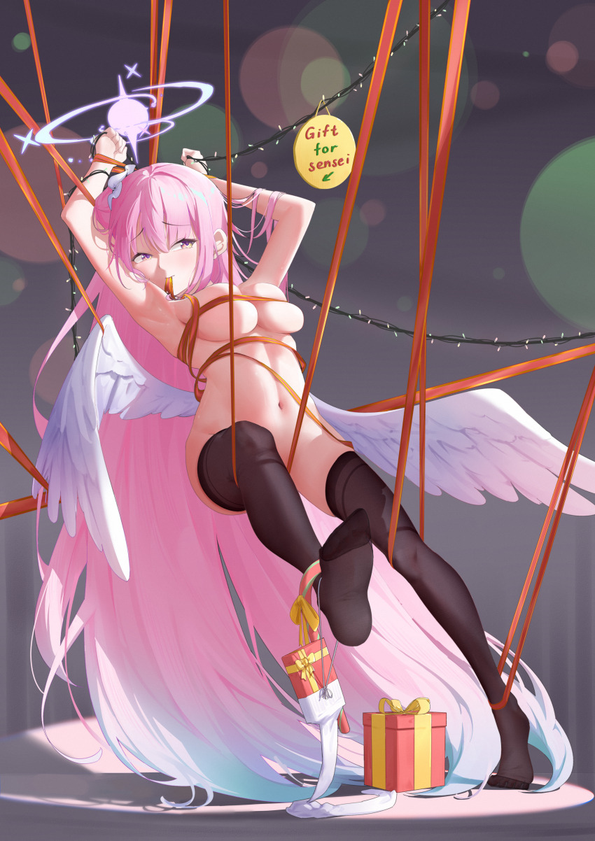 1girl absurdly_long_hair absurdres aqua_hair armpits arms_behind_head arrow_(symbol) black_thighhighs blue_archive blush box breasts chinese_commentary christmas christmas_ornaments clenched_hands closed_mouth commentary convenient_leg dutch_angle english_text eyes_visible_through_hair feathered_wings feet fine_fabric_emphasis full_body furrowed_brow gift gift_box green_hair grey_background hair_bun hair_spread_out halo highres holding large_breasts legs long_hair long_ribbon looking_at_viewer low_wings midair mika_(blue_archive) mouth_hold naked_ribbon navel no_shoes orange_ribbon pink_hair pink_halo presenting ribbon ribbon_in_mouth sidelighting sign simple_background single_side_bun skindentation soles solo stomach thighhighs tiptoes toes tsurime very_long_hair white_wings wings yellow_eyes yuxue_(snoain_yyk)