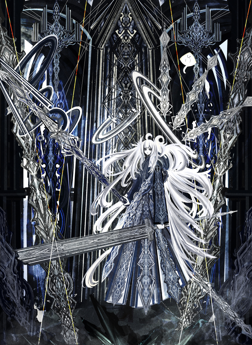 1girl absurdly_long_hair absurdres full_body halo highres holding holding_sword holding_weapon huge_weapon indoors long_hair looking_at_viewer manta_ray original riz_kira solo standing sword very_long_hair weapon white_hair