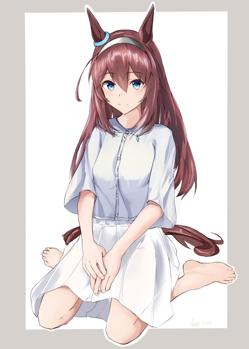 1girl absurdres ahoge alternate_costume animal_ears barefoot blue_eyes border brown_hair dated ear_ornament grey_border grey_hairband hair_between_eyes hairband highres horse_ears horse_girl horse_tail lesoa long_hair looking_at_viewer mihono_bourbon_(umamusume) shirt short_sleeves signature simple_background sitting skirt smile solo tail umamusume wariza white_background white_shirt white_skirt