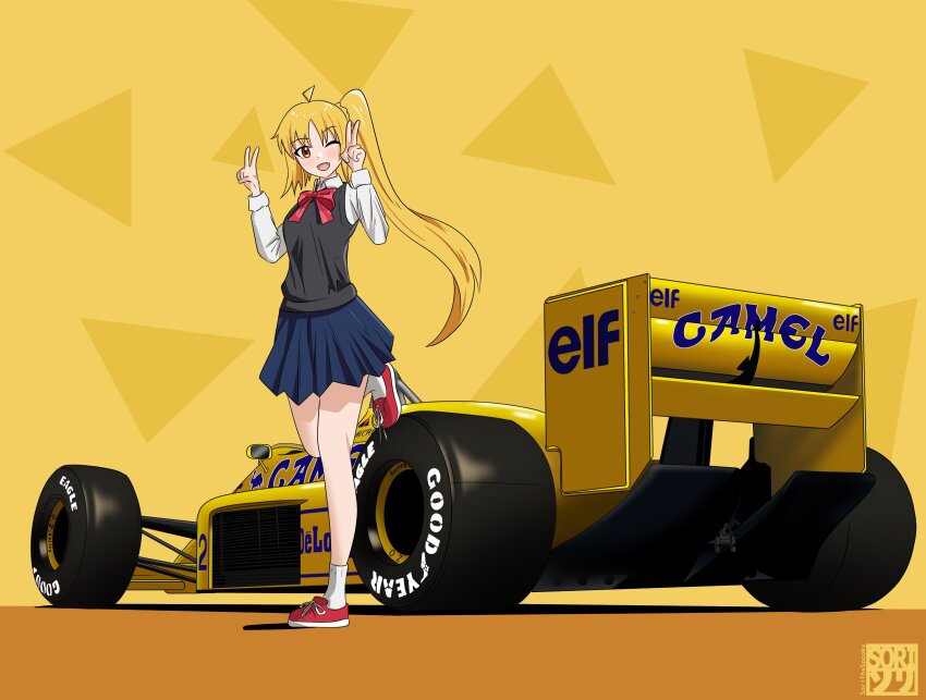 1girl ;d absurdres ahoge artist_logo black_sweater_vest blonde_hair blue_skirt blush bocchi_the_rock! bow bowtie brown_eyes car collared_shirt commentary double_v dress_shirt english_commentary fang formula_one formula_racer goodyear highres ijichi_nijika logo long_hair long_sleeves looking_at_viewer lotus_99t motor_vehicle one_eye_closed open_mouth pleated_skirt ponytail race_vehicle racecar red_bow red_bowtie red_shoes school_uniform shirt shoes skirt smile sneakers socks solo sorithespooky spoiler_(automobile) sponsor standing standing_on_one_leg sweater_vest v vehicle_focus very_long_hair white_shirt white_socks yellow_background