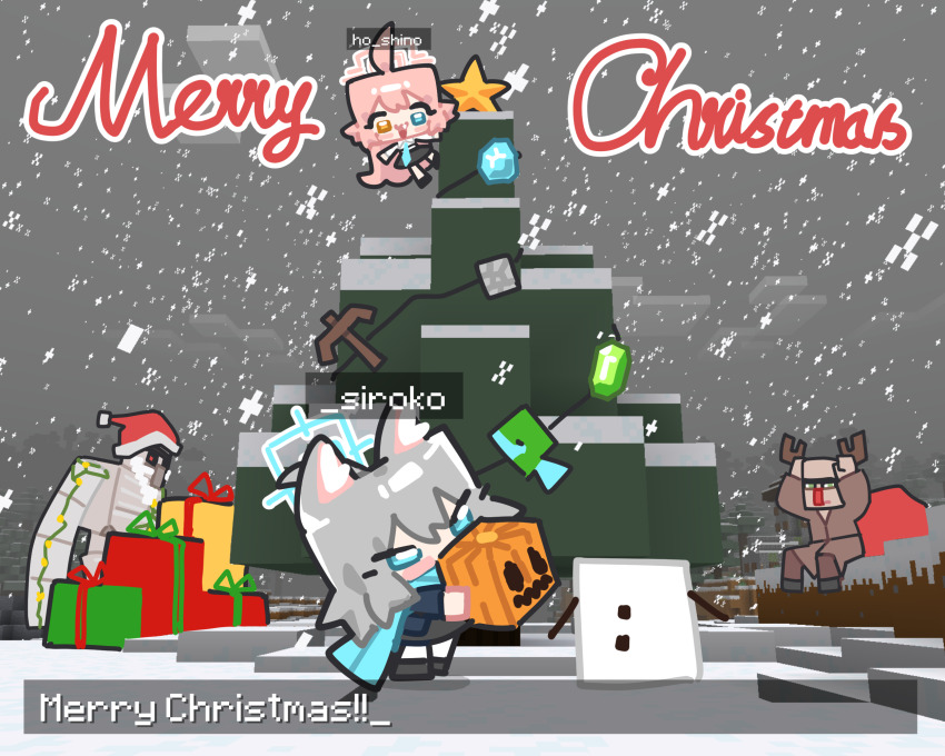 2girls 2others :d ahoge animal_ear_fluff animal_ears aqua_scarf black_footwear black_skirt blue_archive blue_eyes blue_halo blush_stickers box character_name chibi christmas christmas_tree collared_shirt diamond_(minecraft) english_text fake_antlers fang game_screenshot_background gem gift gift_box green_gemstone grey_hair hair_between_eyes halo hat heterochromia highres holding holding_pumpkin hoshino_(blue_archive) huge_ahoge iron_golem_(minecraft) ishikoro24 jack-o&#039;-lantern long_hair long_sleeves medium_hair merry_christmas minecraft multiple_girls multiple_others open_mouth orange_eyes outdoors overcast pickaxe pink_hair pink_halo pumpkin santa_hat scarf screenshot_background shiroko_(blue_archive) shirt shoes sitting skirt sky smile snow snow_golem_(minecraft) snowing snowman standing star_(symbol) tree very_long_hair villager_(minecraft) white_shirt wolf_ears wolf_girl