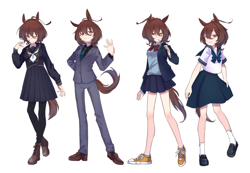 1girl agnes_tachyon_(umamusume) ahoge alternate_costume animal_ears ankle_boots black_pantyhose black_sailor_collar black_shirt black_shoes black_skirt blue_bow blue_bowtie blue_jacket blue_necktie blue_shirt blue_skirt boots bow bowtie brown_boots brown_hair brown_tail buttons closed_mouth collared_shirt commentary_request double-breasted drinking formal_clothes full_body grey_jacket grey_pants grin hair_between_eyes highres horse_ears horse_girl horse_tail jacket lapels light_blush loafers long_sleeves looking_at_viewer medium_hair medium_skirt miniskirt multiple_views necktie open_clothes open_jacket pants pantyhose pocket red_eyes sailor_collar school_uniform shirt shoes short_sleeves sidelocks simple_background skirt smile sneakers socks suit tail tenagaebi umamusume white_background white_shirt white_shoes white_socks yellow_shoes