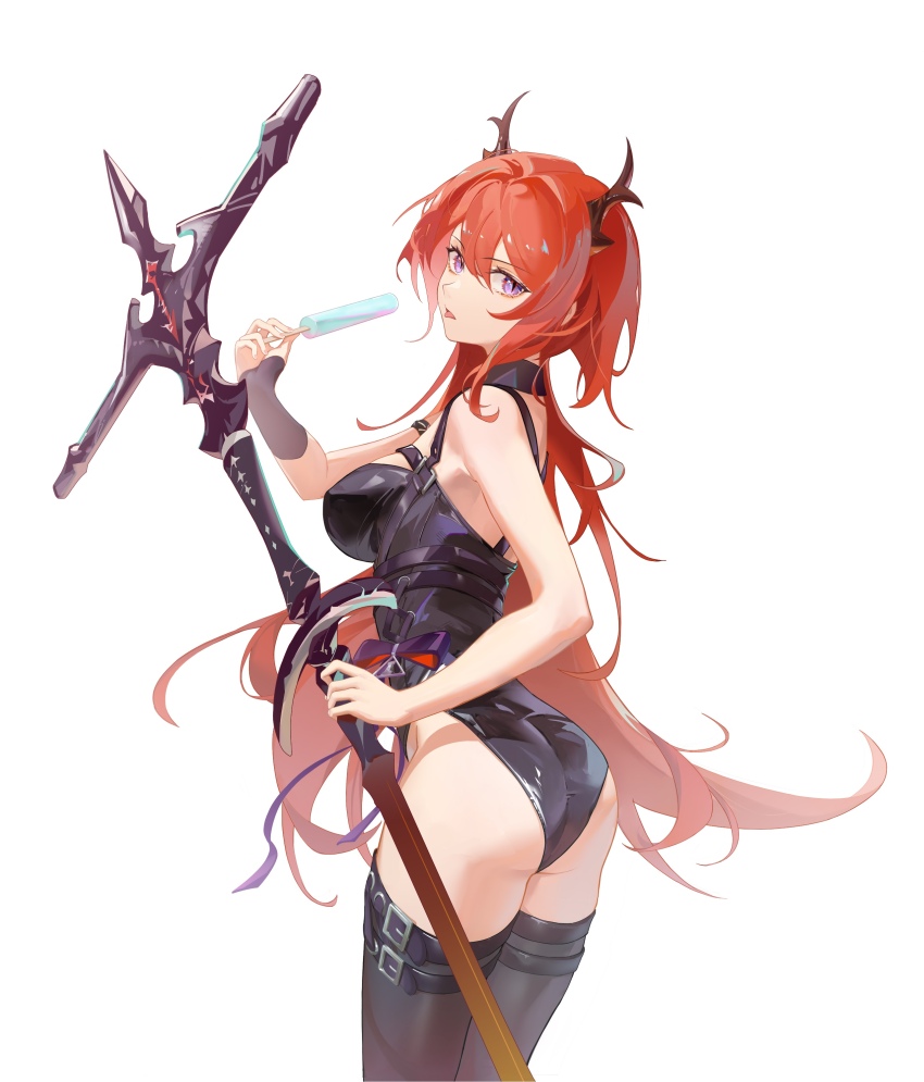 1girl absurdres alternate_costume arknights ass bare_shoulders belt black_belt black_leotard black_thighhighs breasts brown_horns chest_strap cowboy_shot demon_girl demon_horns fingernails food hair_between_eyes highres holding holding_food holding_popsicle holding_weapon horns konghao large_breasts leotard long_hair looking_at_viewer open_mouth orange_hair popsicle purple_eyes revision sidelocks simple_background slit_pupils solo standing surtr_(arknights) thigh_belt thigh_strap thighhighs tongue tongue_out twisted_torso very_long_hair weapon white_background