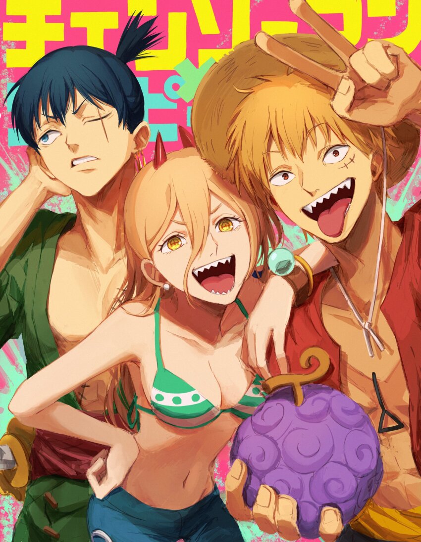 1girl 2boys abs arm_on_another&#039;s_shoulder bangle bikini bikini_top_only black_hair blonde_hair blue_eyes bra bracelet breasts chainsaw_man cosplay cross-shaped_pupils demon_horns denji_(chainsaw_man) devil_fruit ear_piercing earrings food fruit green_bikini green_bra hair_between_eyes hat hayakawa_aki highres holding holding_food holding_fruit horns jewelry log_pose long_hair looking_at_viewer looking_to_the_side medium_breasts monkey_d._luffy monkey_d._luffy_(cosplay) multiple_boys nami_(one_piece) nami_(one_piece)_(cosplay) nami_(one_piece)_(return_to_sabaody) navel oekakiboya one_eye_closed one_piece open_clothes open_shirt piercing power_(chainsaw_man) red_eyes red_horns red_shirt roronoa_zoro roronoa_zoro_(cosplay) scar scar_across_eye scar_on_face sharp_teeth shirt short_hair stomach straw_hat striped_bikini striped_bra striped_clothes swimsuit sword symbol-shaped_pupils teeth topknot underwear v weapon white_bra yellow_eyes