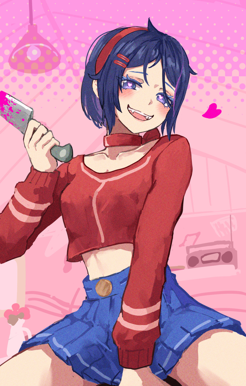 1girl blood bloody_knife blue_eyes blue_hair blue_skirt commentary_request crazy_mita_(miside) crazy_smile crop_top fang flower hair_ornament hairband hairclip heart heart-shaped_pupils highres holding holding_knife knife lamp long_sleeves looking_at_viewer midriff miside mita_(miside) open_mouth pink_background pink_blood radio red_hairband red_shirt ryoha_kosako shirt short_hair skirt smile symbol-shaped_pupils vase