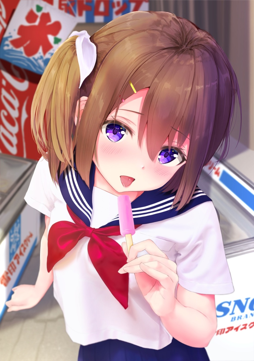 1girl bad_id bad_pixiv_id brown_hair food highres looking_at_viewer original popsicle purple_eyes rebun school_uniform side_ponytail solo tongue tongue_out