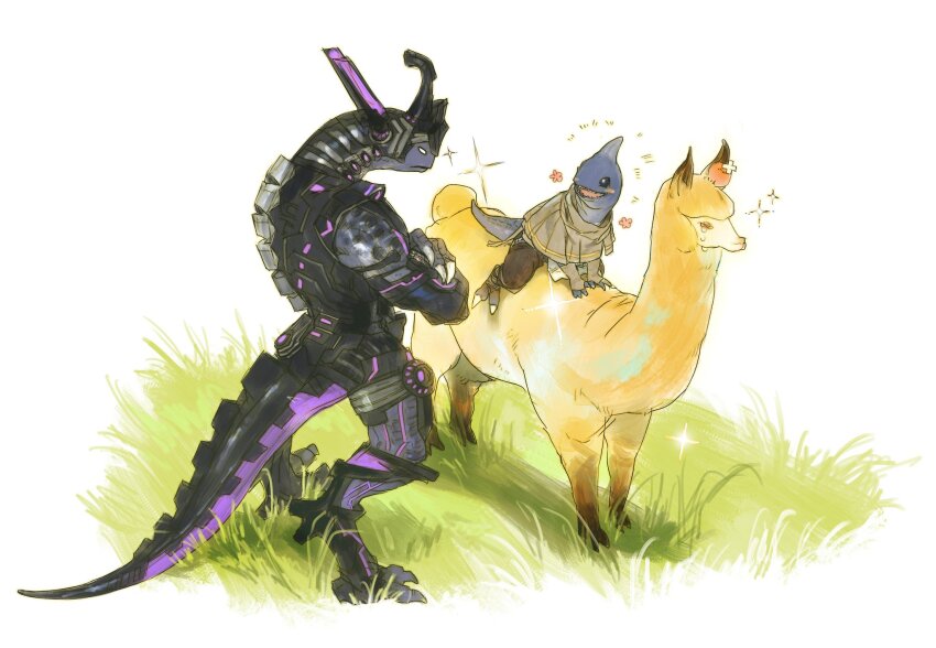 2boys alpaca armor black_eyes blank_eyes blue_skin blush claws colored_skin crossed_arms father_and_son final_fantasy final_fantasy_xiv full_body furry furry_male grass gulool_ja highres horns male_focus mamool_ja multiple_boys poncho quxiaochong reptile_boy riding riding_animal single_horn sitting_on_animal sparkle standing tail tail_armor teeth white_background zoraal_ja