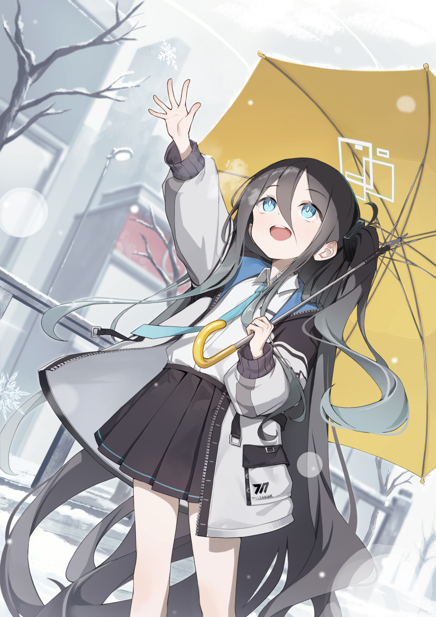 1girl :d absurdres aris_(blue_archive) black_hair black_skirt blue_archive blue_eyes blue_halo blue_necktie building city collared_shirt dampi hair_between_eyes halo hand_up highres holding holding_umbrella jacket long_bangs long_hair long_hair_between_eyes long_sleeves looking_up necktie open_clothes open_jacket open_mouth outdoors pleated_skirt pocket railing reaching school_uniform shirt sidelocks skirt smile snow snowing solo tree umbrella very_long_hair white_shirt