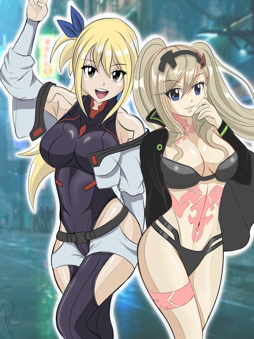 2girls blonde_hair blue_eyes breasts cleavage cosplay cyberpunk_(series) cyberpunk_edgerunners eden&#039;s_zero fairy_tail highres large_breasts long_hair looking_at_viewer lucy_(cyberpunk)_(cosplay) lucy_heartfilia multiple_girls navel open_mouth ponytail rebecca_(cyberpunk)_(cosplay) rebecca_bluegarden smile twintails