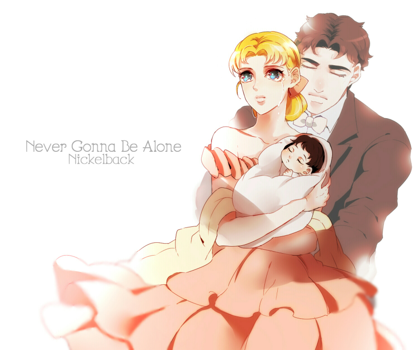 1girl 2boys baby bad_id bad_pixiv_id black_hair blonde_hair blue_eyes couple dress erina_pendleton family george_joestar_ii ghost highres jojo_no_kimyou_na_bouken jonathan_joestar kisaragi_yuu_(fallen_sky) multiple_boys tears