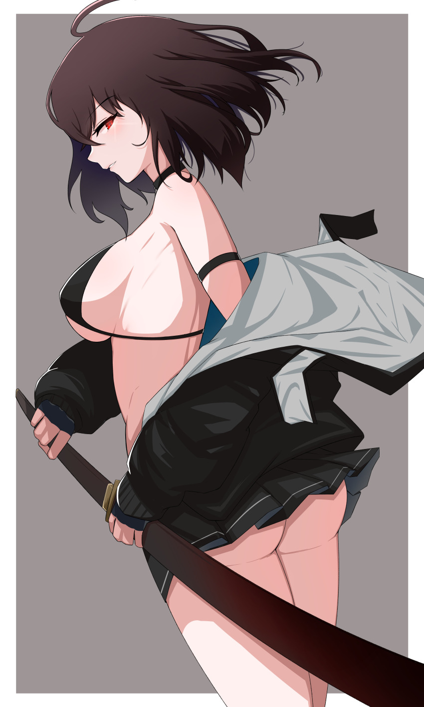 absurdres bare_shoulders breasts brown_hair clothes_lift counter:side fingerless_gloves gloves gyndb highres jacket joo_shiyoung open_clothes open_jacket red_eyes royalmonkey sideboob skirt skirt_lift wielding_weapon