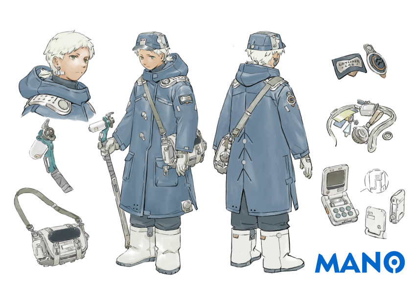 1boy arms_at_sides bag blue_coat blue_hat boots chenrong96 closed_mouth coat earrings expressionless gloves green_eyes grey_bag grey_footwear grey_gloves grey_hair hat highres hood hood_down hooded_coat jewelry male_focus multiple_views original ponytail short_hair short_ponytail simple_background single_earring standing white_background