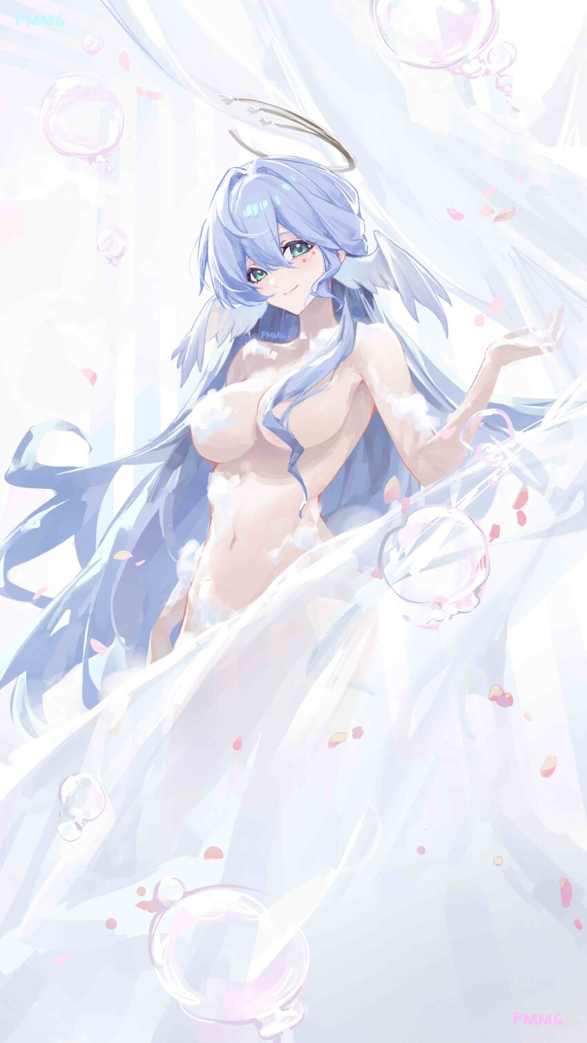 1girl absurdres bathing blue_hair breasts bubble curtains green_eyes hair_between_eyes halo halo_behind_head head_wings highres honkai:_star_rail honkai_(series) jewel_under_eye large_breasts long_hair petals pmmg robin_(honkai:_star_rail) simple_background smile soap_bubbles very_long_hair white_wings wings