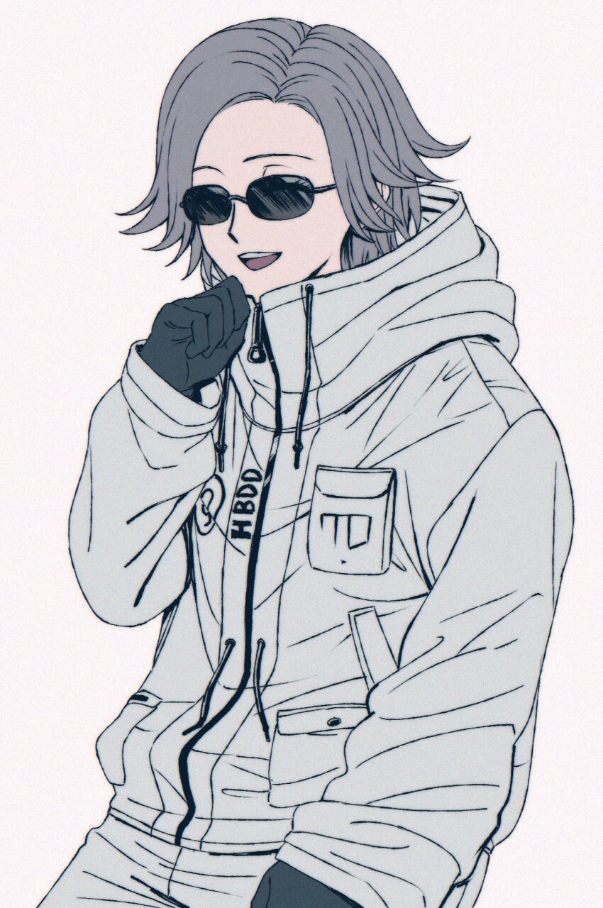 1boy ^_^ aotsuki_eito black_gloves breast_pocket closed_eyes closed_mouth drawstring gloves grey_hair hand_up highres jacket male_focus open_mouth pocket saeji3434 short_hair simple_background smile solo sunglasses teeth the_hundred_line_-last_defense_academy- upper_body upper_teeth_only white_background white_jacket