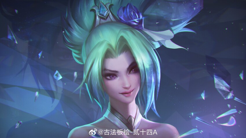 1girl 24a_(ershisiai) absurdres artist_name bare_shoulders collarbone crystal_rose_janna green_hair highres janna_(league_of_legends) league_of_legends long_hair looking_ahead official_alternate_costume official_alternate_hairstyle ponytail portrait purple_eyes sidelocks smile solo upper_body zoom_layer