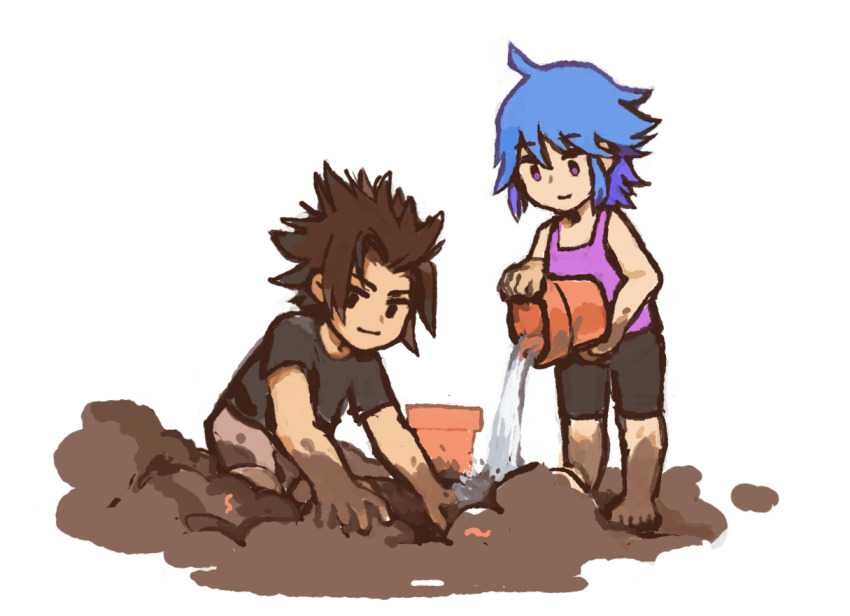 1boy 1girl aged_down alternate_costume aqua_(kingdom_hearts) barefoot black_eyes black_shirt black_shorts blue_hair brown_hair brown_shorts child commentary day english_commentary flower_pot full_body hands_on_ground holding holding_flower_pot kingdom_hearts kingdom_hearts_birth_by_sleep kneeling looking_down mud outdoors playing purple_eyes purple_tank_top shirt short_hair shorts smile snoozaga spiked_hair t-shirt tank_top terra_(kingdom_hearts) water white_background