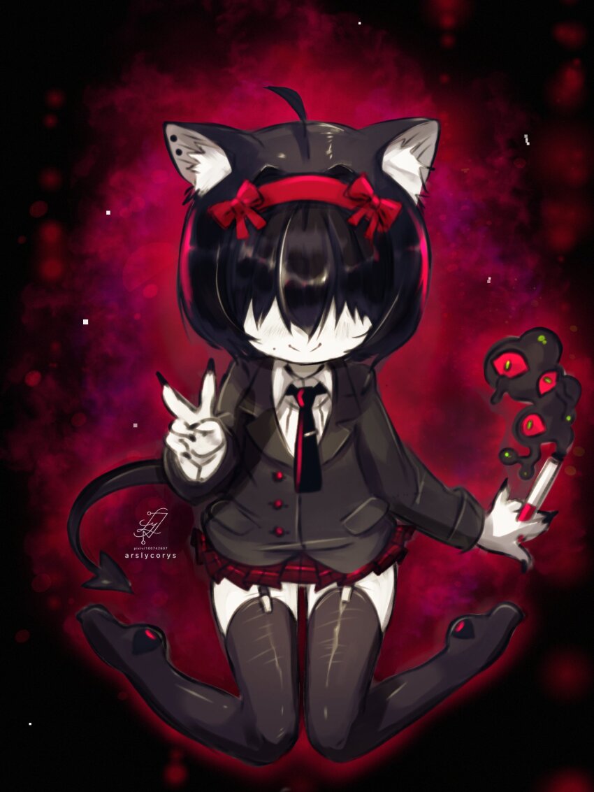 1girl abstract_background ahoge animal_ear_fluff animal_ears ars_lycorys black_garter_straps black_hair black_jacket black_nails black_necktie black_smoke black_thighhighs blazer bow_hairband cat_ears cat_girl cigarette closed_mouth collared_shirt covered_eyes demon_tail facing_viewer fingernails full_body garter_straps hair_over_eyes hairband highres holding holding_cigarette jacket long_fingernails miniskirt mole mole_on_cheek nail_polish necktie no_shoes original pale_skin pleated_skirt red_hairband red_skirt shirt short_hair sitting skirt smile smoke solo tail thighhighs wariza white_shirt