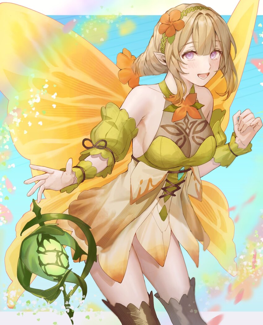 1girl :d ai_tkkm blonde_hair breasts cleavage detached_sleeves dress fairy fairy_wings fire_emblem fire_emblem_heroes flower hair_flower hair_ornament hairband highres large_breasts looking_at_viewer nintendo open_mouth peony_(fire_emblem) pointy_ears purple_eyes rainbow see-through_clothes see-through_cleavage sleeve_cuffs smile solo thighhighs wings