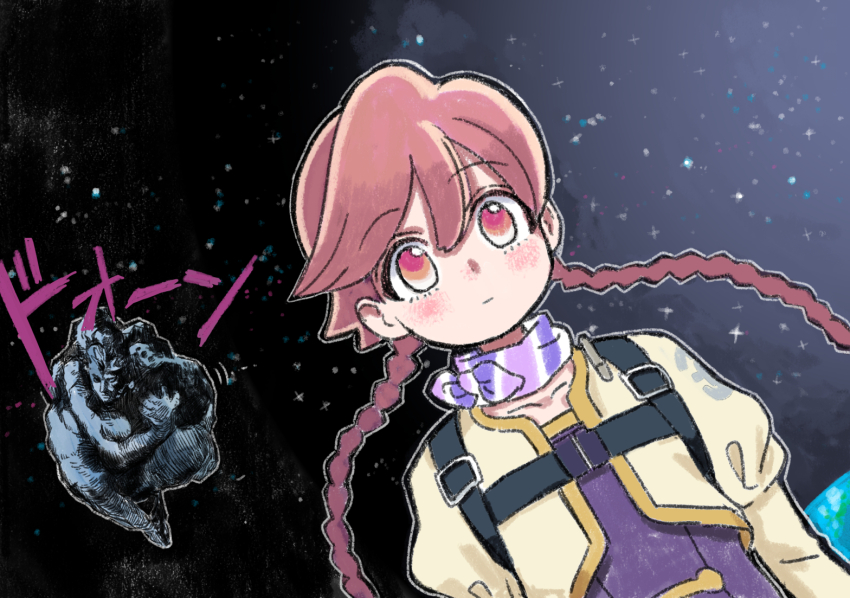 1boy 1girl apocalypse_hotel battle_tendency blush braid brown_hair closed_mouth commentary cropped_jacket crossover dress earth_(planet) expressionless floating floating_hair hair_between_eyes jacket jojo_no_kimyou_na_bouken juliet_sleeves kars_(jojo) kars_stopped_thinking_(meme) long_hair long_sleeves meme montaro482436 orange_eyes planet puffy_sleeves purple_dress purple_scarf rock scarf scene_reference sound_effects space star_(sky) twin_braids twintails white_jacket yachiyo_(apocalypse_hotel)