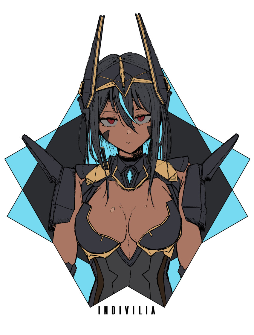 1girl absurdres black_hair blue_hair breasts character_name closed_mouth collared_leotard commentary_request cropped_arms cropped_torso dark-skinned_female dark_skin expressionless goddess_of_victory:_nikke hair_between_eyes headgear highres horns indivilia_(nikke) large_breasts long_hair looking_at_viewer mechanical_horns multicolored_hair pinetea red_eyes solo white_background