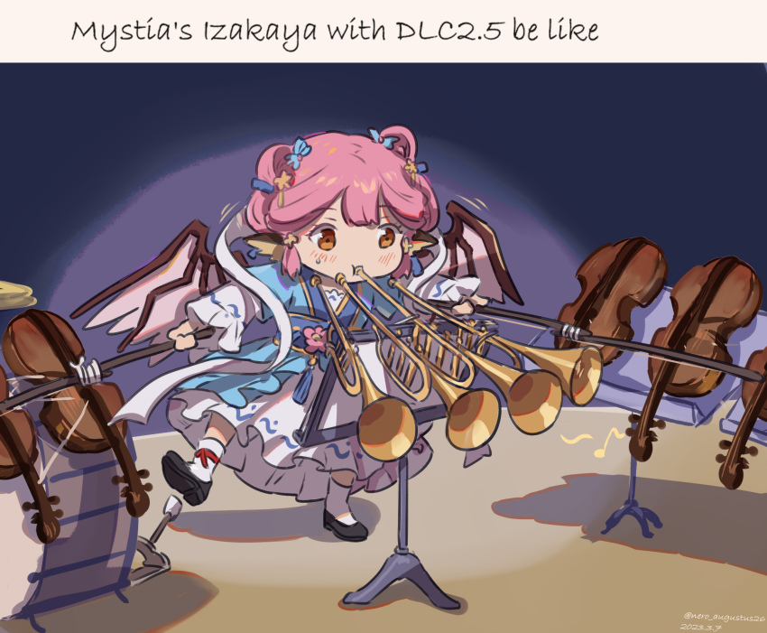 1girl alternate_costume animal_ears bird_ears blue_dress blush bow_(music) cartoon_logic chinese_commentary commentary_request dated dress drum english_text flower hagoromo highres holding holding_bow_(music) instrument long_sleeves music musical_note mystia_lorelei nero_augustus pink_flower pink_hair playing_instrument shawl shoes socks solo tom_and_jerry touhou touhou_mystia&#039;s_izakaya trumpet twitter_username violin white_socks