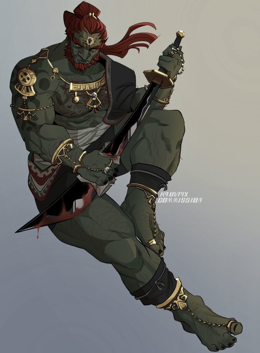 1boy artist_name bara bare_pectorals beard blood bloody_weapon cleaning cleaning_weapon colored_skin commentary commission facial_hair foot_hair ganondorf gradient_background green_skin highres holding holding_sword holding_weapon jewelry kauv_(k4uvpix) large_pectorals leg_hair male_focus muscular muscular_male nintendo nipples pectorals ponytail red_hair simple_background solo sword the_legend_of_zelda the_legend_of_zelda:_tears_of_the_kingdom weapon