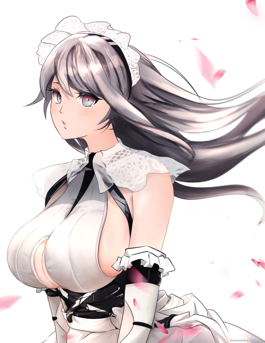 1girl azur_lane bare_shoulders beefusteku breasts charybdis_(azur_lane) from_side grey_eyes grey_hair highres large_breasts long_hair looking_at_viewer maid maid_headdress petals sideboob simple_background solo standing underboob upper_body white_background