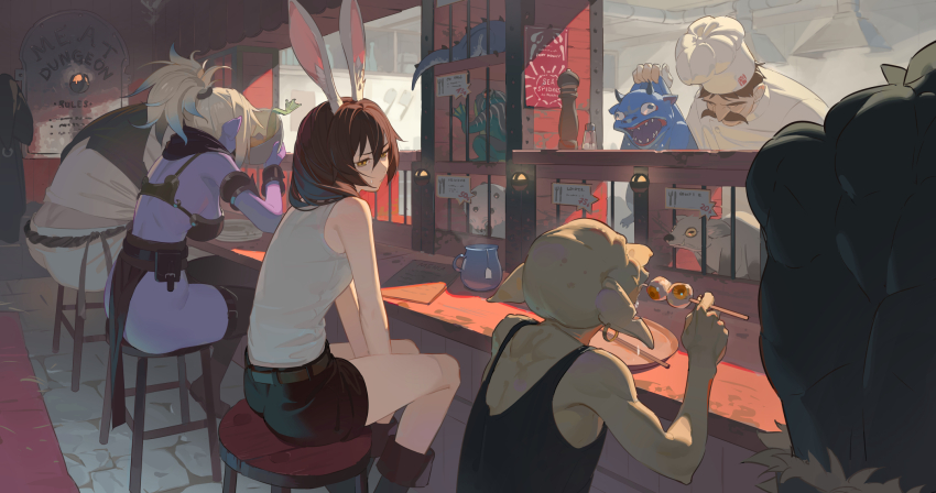 animal_ears brown_hair chef chef_hat counter eyeball goblin hat highres indoors medium_hair menu on_stool original pepper_mill plate pointy_ears rabbit_ears restaurant salt_shaker shirt shorts sitting skewer sleeveless sleeveless_shirt slice_of_life sweatdrop timbougami
