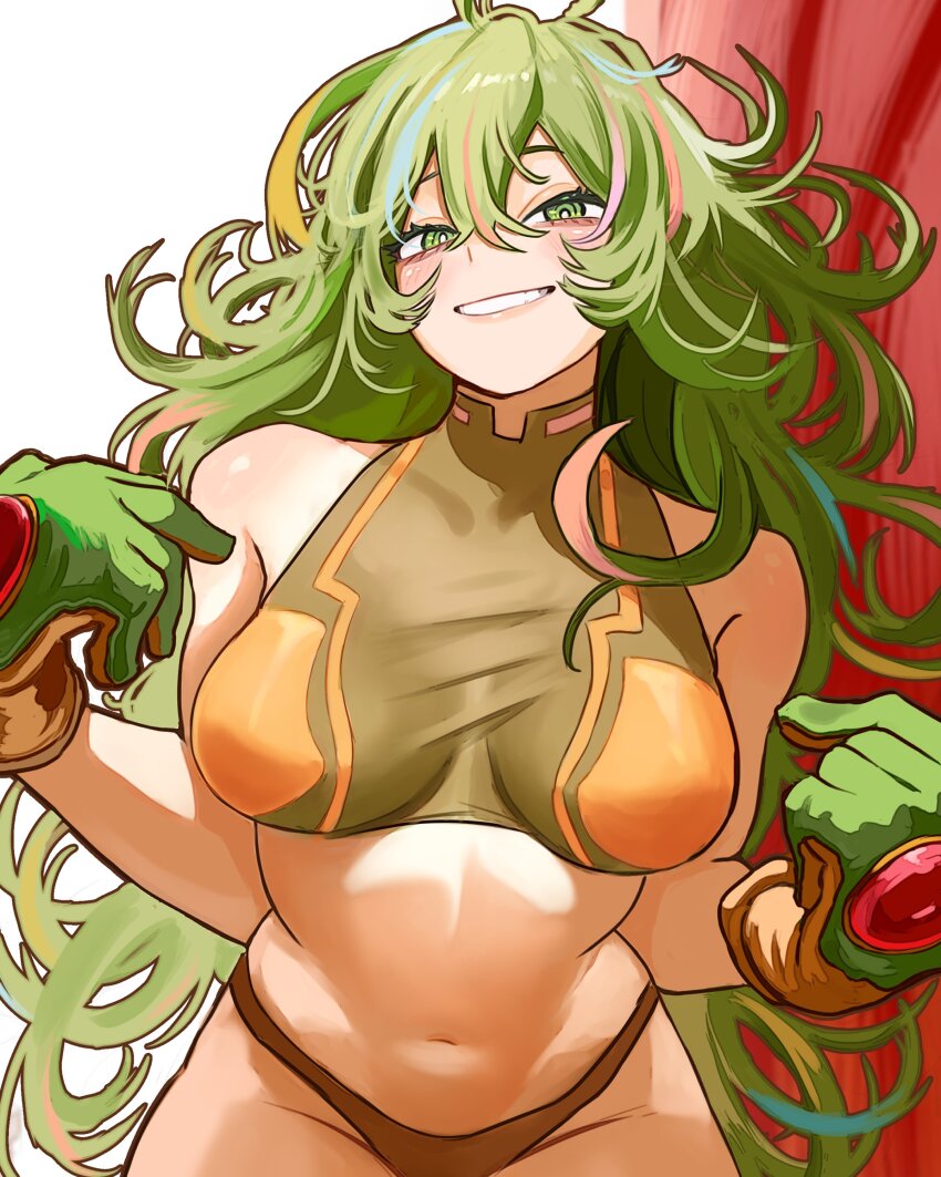 1girl absurdres bare_arms bare_shoulders bikini blush boku_no_hero_academia breasts bright_pupils brown_bikini commentary deku&#039;s_photo_of_hagakure_toru gloves green_bikini green_eyes green_gloves green_hair grin hagakure_toru hands_up highres large_breasts long_hair looking_at_viewer messy_hair mismatched_bikini multicolored_hair navel official_alternate_costume pink_streaks pointing pointing_at_self revision ringed_eyes smile solo spanish_commentary stomach swimsuit turtleneck_bikini_top two-tone_gloves unusually_visible vlizz white_pupils