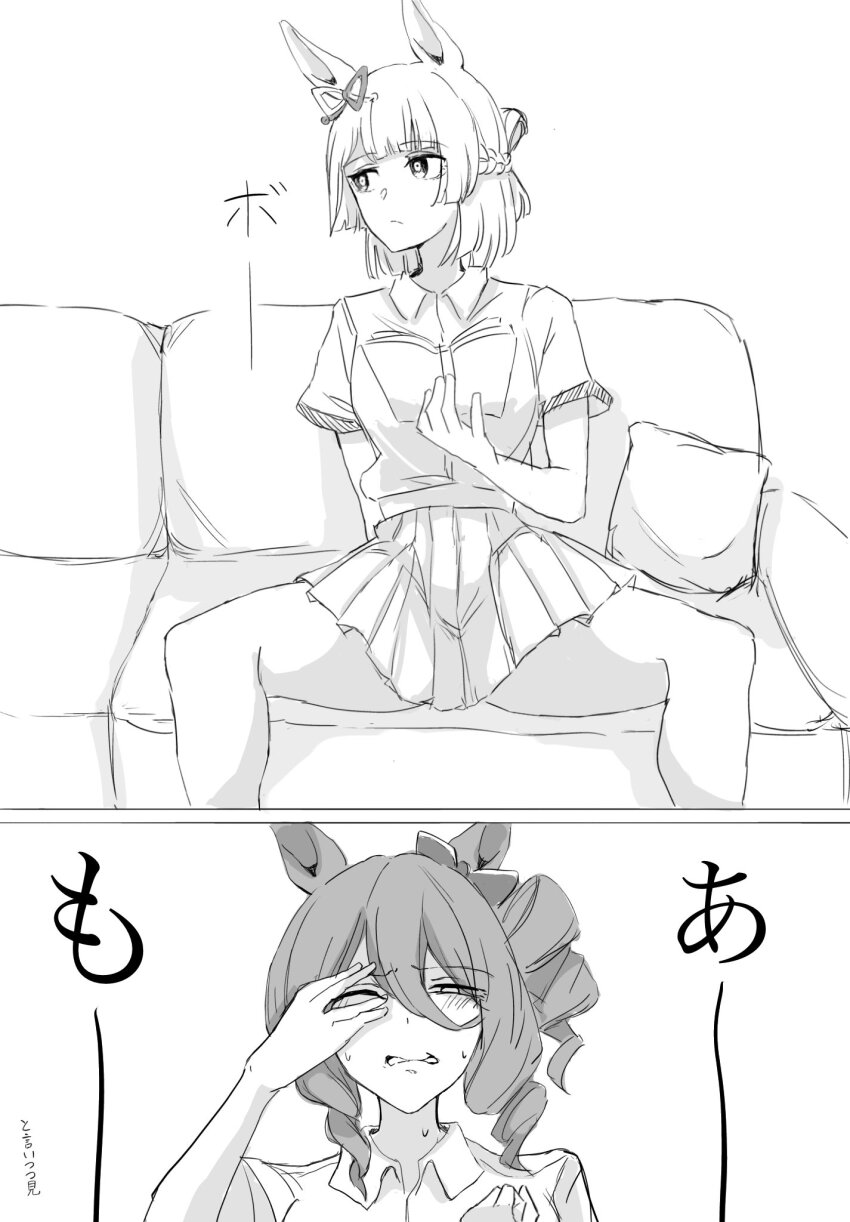 2girls artist_request blush character_request expressionless highres monochrome multiple_girls spread_legs tagme umamusume yuri