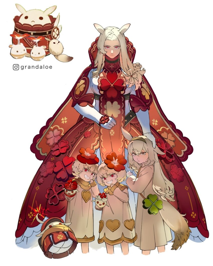 4girls :&lt; animal_ears bag blonde_hair bomb brown_dress brown_eyes brown_hairband cape child closed_mouth clover_print commentary corset crossed_bangs dodoco_(genshin_impact) dress elbow_gloves english_commentary explosive flower flower-shaped_hair frilled_skirt frills frown game_screenshot_inset genshin_impact gloves grandaloe green_bag grin hair_between_eyes hair_flower hair_ornament hairband hand_on_another&#039;s_head hand_up high_collar highres holding instagram_logo instagram_username jumpy_dumpty klee_(genshin_impact) long_hair long_sleeves looking_at_viewer multiple_girls parted_bangs personification puffy_short_sleeves puffy_sleeves red_cape red_eyes red_flower red_skirt role_reversal serious shirt short_hair short_sleeves simple_background skirt smile tail teeth white_background white_corset white_gloves white_shirt