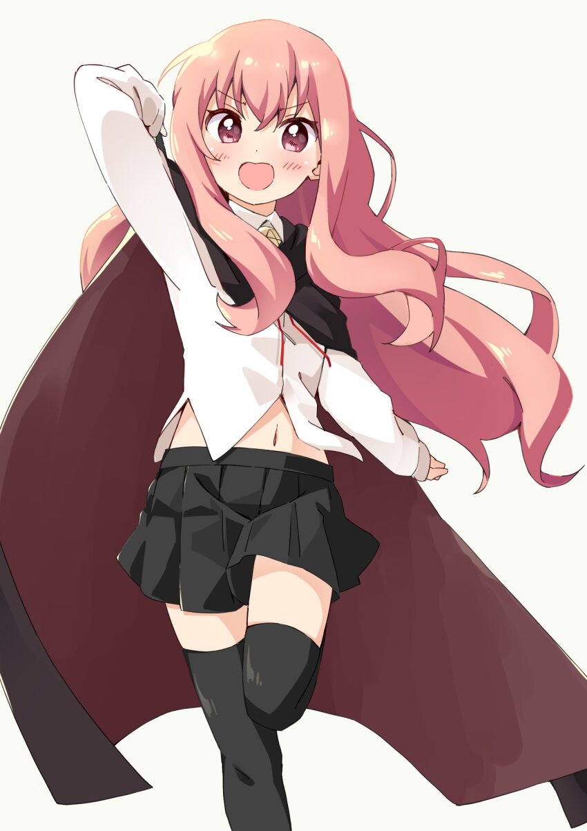 1girl :d arm_up black_cape black_skirt black_thighhighs blush cape collared_shirt commentary dot_nose foot_out_of_frame foot_up haru_(konomi_150) highres long_hair long_sleeves looking_at_viewer louise_francoise_le_blanc_de_la_valliere navel open_mouth pink_eyes pink_hair pleated_skirt shirt simple_background skirt smile solo standing standing_on_one_leg thighhighs v-shaped_eyebrows white_background white_shirt zero_no_tsukaima