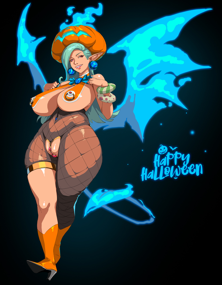 1girl bare_shoulders blue_fire blue_neckwear boots bracelet breasts curvy demon_tail demon_wings earrings english_text fiery_tail fiery_wings fire fishnet_legwear fishnets green_hair half-closed_eyes halloween happy_halloween high_heels highres huge_breasts jack-o&#039;-lantern jewelry light_green_hair long_hair navel_piercing nipple_piercing orange_boots orange_headwear original parted_lips piercing piercing_through_clothes pink_lips plump pointy_ears pumpkin pussy red_eyes revealing_clothes shiny_skin solo striped tail thick_thighs thigh_strap thighs turtleneck wings yuzhou